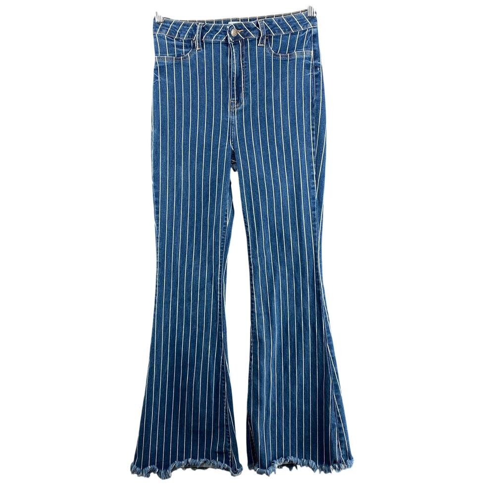 Cello Striped Flare Leg Denim Jeans Juniors 11 Blue White Pockets Y2K Bootcut